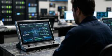 Hombre mira pantalla que muestra flujo de energía nuclear hacia centros de datos de IA.