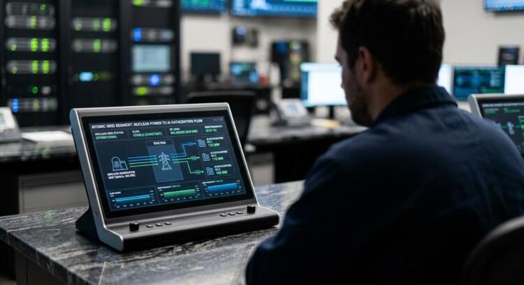 Hombre mira pantalla que muestra flujo de energía nuclear hacia centros de datos de IA.