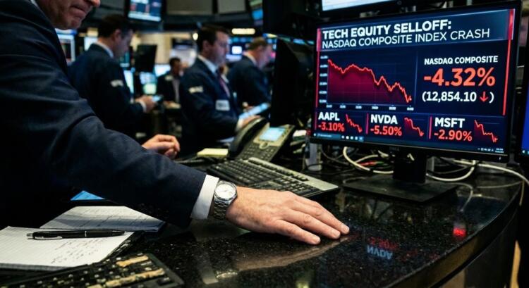 Primer plano de brazo de broker con reloj sobre escritorio, observando pantalla de crash del Nasdaq con gráficos en rojo.