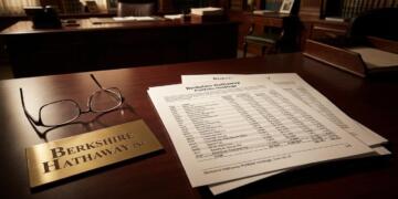 Documentos de inversión de Berkshire Hathaway en un escritorio de madera con gafas.