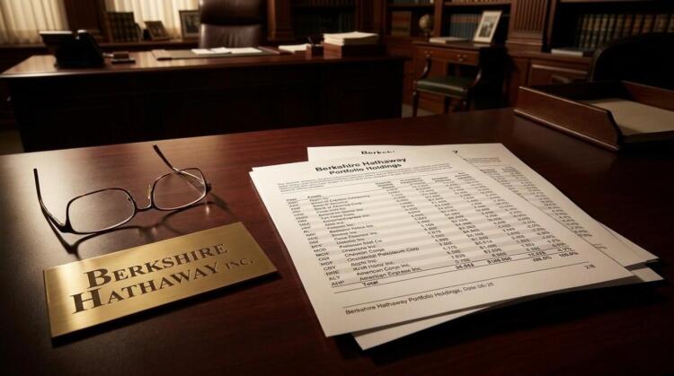 Documentos de inversión de Berkshire Hathaway en un escritorio de madera con gafas.