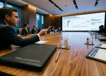 Ejecutivo de JPMorgan gesticula ante una pantalla con análisis de Broadcom (AVGO)