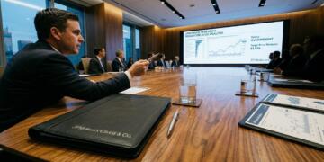 Ejecutivo de JPMorgan gesticula ante una pantalla con análisis de Broadcom (AVGO)