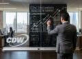 Ejecutivo de espaldas dibuja tendencias de crecimiento de CDW en pizarra de cristal frente a skyline urbano.