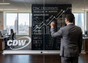 Ejecutivo de espaldas dibuja tendencias de crecimiento de CDW en pizarra de cristal frente a skyline urbano.