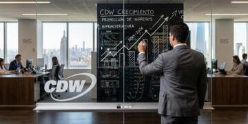 Ejecutivo de espaldas dibuja tendencias de crecimiento de CDW en pizarra de cristal frente a skyline urbano.