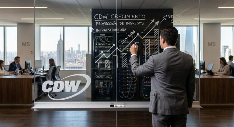 Ejecutivo de espaldas dibuja tendencias de crecimiento de CDW en pizarra de cristal frente a skyline urbano.