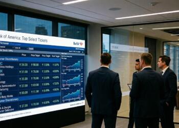 Cuatro ejecutivos en trajes analizan datos financieros en una gran pantalla de Bank of America.