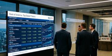 Cuatro ejecutivos en trajes analizan datos financieros en una gran pantalla de Bank of America.