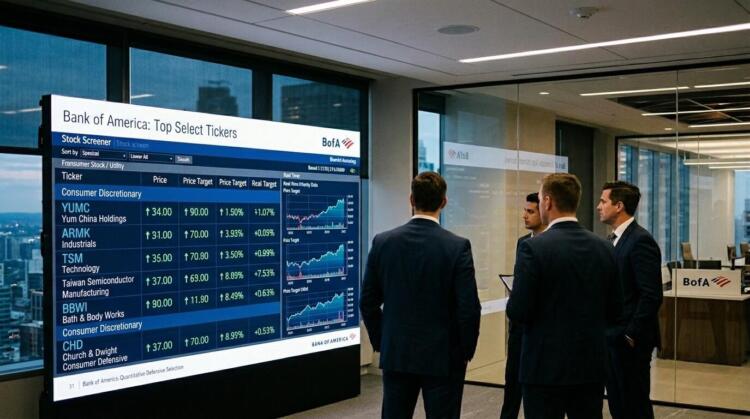 Cuatro ejecutivos en trajes analizan datos financieros en una gran pantalla de Bank of America.