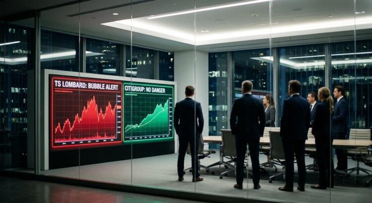 Profesionales de finanzas analizan gráficos de alerta de burbuja y estabilidad.