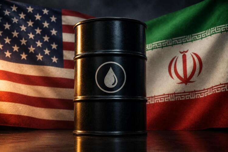 Barril de petróleo frente a las banderas de Estados Unidos e Irán.