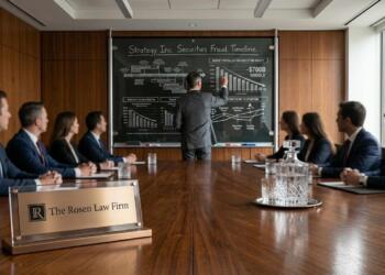Abogado de The Rosen Law Firm explica gráfico de fraude de strategy en pizarra corporativa.