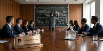 Abogado de The Rosen Law Firm explica gráfico de fraude de strategy en pizarra corporativa.