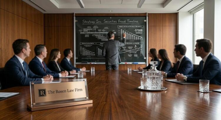 Abogado de The Rosen Law Firm explica gráfico de fraude de strategy en pizarra corporativa.