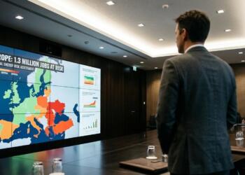 Analista mira video wall con mapa de Europa y texto: 'EUROPE: 1.3 MILLION JOBS AT RISK'.