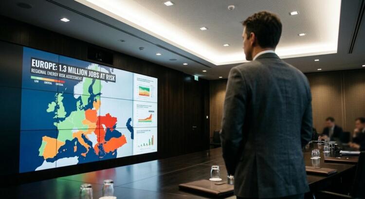 Analista mira video wall con mapa de Europa y texto: 'EUROPE: 1.3 MILLION JOBS AT RISK'.