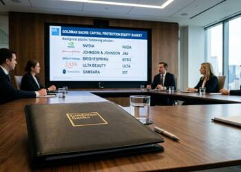 Carpeta de Goldman Sachs sobre mesa. Ejecutivos y pantalla con acciones. Vista de la ciudad.