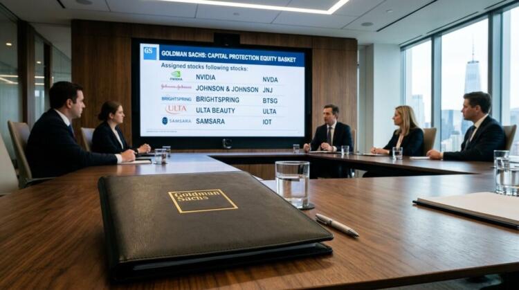 Carpeta de Goldman Sachs sobre mesa. Ejecutivos y pantalla con acciones. Vista de la ciudad.