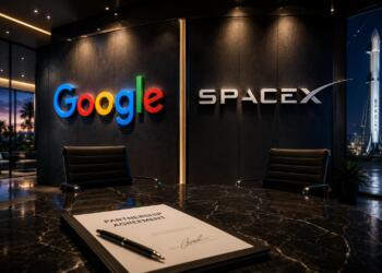 Logos de Google y SpaceX en una alianza corporativa estratégica.