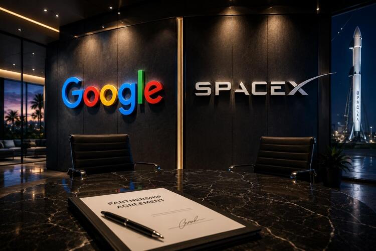 Logos de Google y SpaceX en una alianza corporativa estratégica.