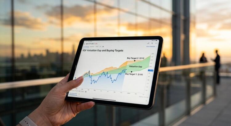 Mano sostiene tablet con gráfico de valoración y compra de acciones IQV en exteriores.
