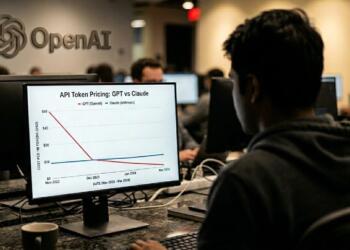 Un monitor de oficina con un gráfico que compara precios de API de OpenAI contra Claude.