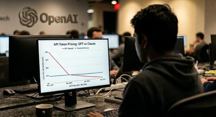 Un monitor de oficina con un gráfico que compara precios de API de OpenAI contra Claude.