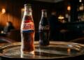 Botella de Pepsi fría en bandeja con Coca-Cola desenfocada atrás. Industria de bebidas