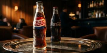 Botella de Pepsi fría en bandeja con Coca-Cola desenfocada atrás. Industria de bebidas