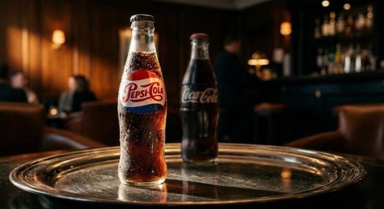 Botella de Pepsi fría en bandeja con Coca-Cola desenfocada atrás. Industria de bebidas
