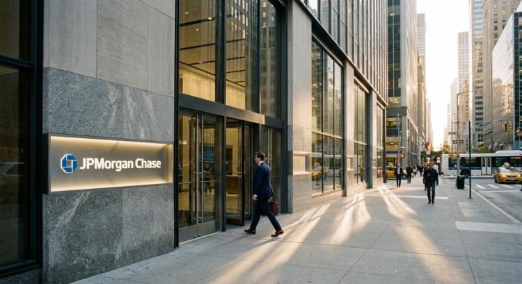 Un ejecutivo con traje camina hacia la entrada de JPMorgan Chase en Nueva York.