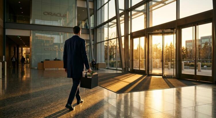 Ejecutivo camina hacia la salida de las oficinas de Oracle con una caja de sus cosas.