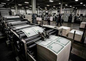 Imprenta industrial produciendo pliegos de billetes; un operario con mascarilla al fondo.