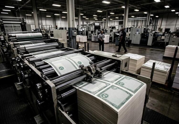 Imprenta industrial produciendo pliegos de billetes; un operario con mascarilla al fondo.