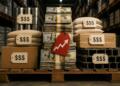 Pallet industrial con productos y dinero reflejando inflación.