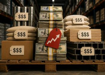 Pallet industrial con productos y dinero reflejando inflación.