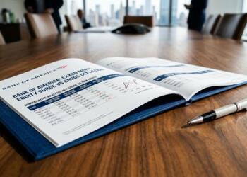 Un libro azul marino abierto de Bank of America sobre una mesa de nogal con un bolígrafo.