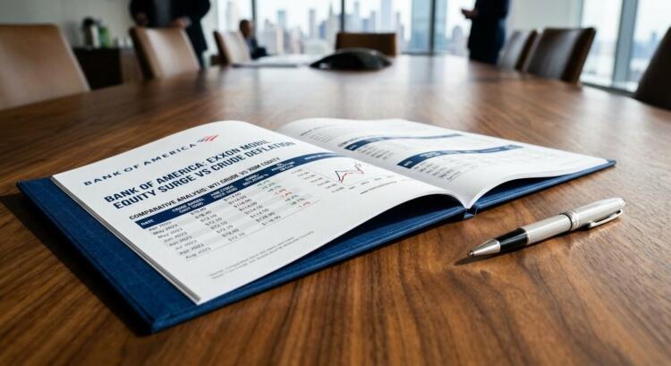 Un libro azul marino abierto de Bank of America sobre una mesa de nogal con un bolígrafo.