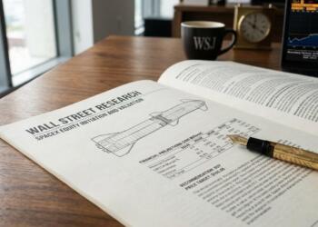 Un informe de Wall Street sobre SpaceX abierto con gráficos bursátiles y taza de café de fondo.