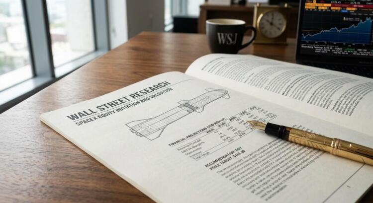 Un informe de Wall Street sobre SpaceX abierto con gráficos bursátiles y taza de café de fondo.