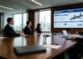 Profesionales de JPMorgan en sala con vistas a NYC ven inversión en Kratos Defense en pantalla.