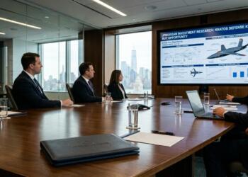 Profesionales de JPMorgan en sala con vistas a NYC ven inversión en Kratos Defense en pantalla.