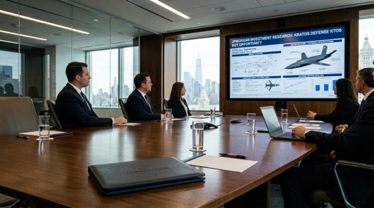 Profesionales de JPMorgan en sala con vistas a NYC ven inversión en Kratos Defense en pantalla.