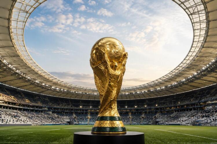 Trofeo de la Copa del Mundo en un estadio de gran escala