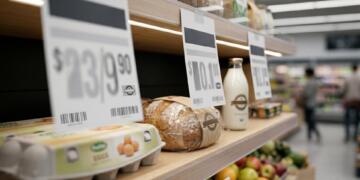 Etiquetas de precios dominan productos básicos en un supermercado.