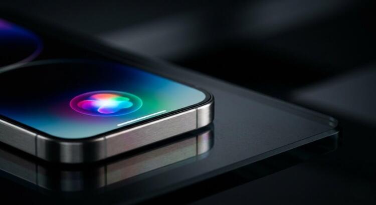 Primer plano de un smartphone de metal con el icono multicolor de Siri en su pantalla.