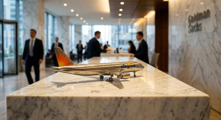 Maqueta de Allegiant sobre mármol en Goldman Sachs con hombres de negocios al fondo.