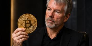 Michael Saylor sostiene una gran moneda de Bitcoin en un entorno corporativo.