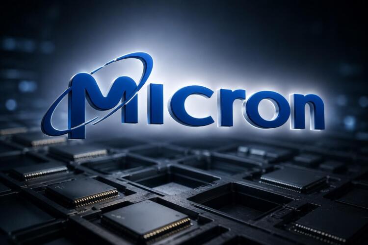 Logo de Micron destaca sobre un entorno de chips y semiconductores.